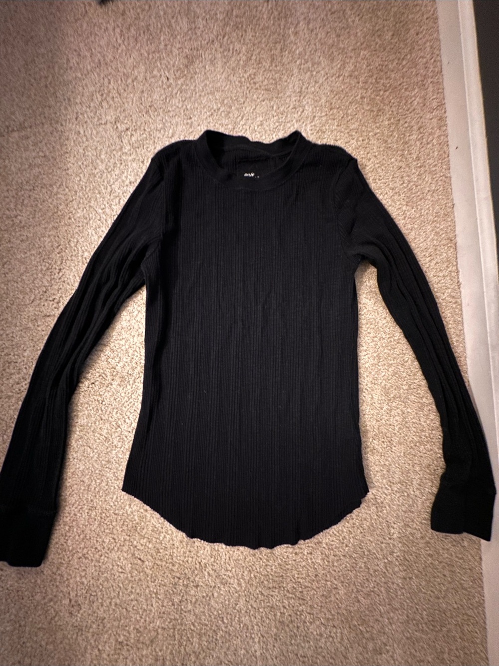 aerie Black Ribbed Long Sleeve Crewneck Top